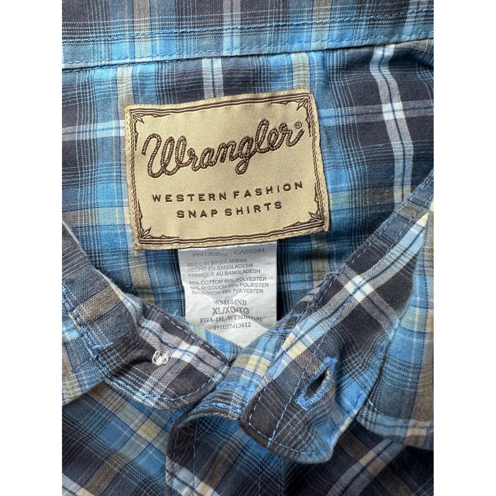 Wrangler Mens Western Snap Shirt Blue Yellow Plaid Short Sleeve XL - Picture 4 of 7
